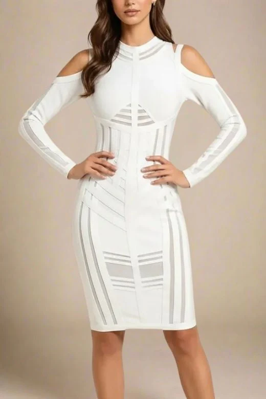 Amelia Long Sleeve Bandage Dress - White Pearl - Image 7