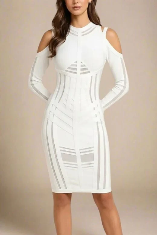 Amelia Long Sleeve Bandage Dress - White Pearl - Image 8