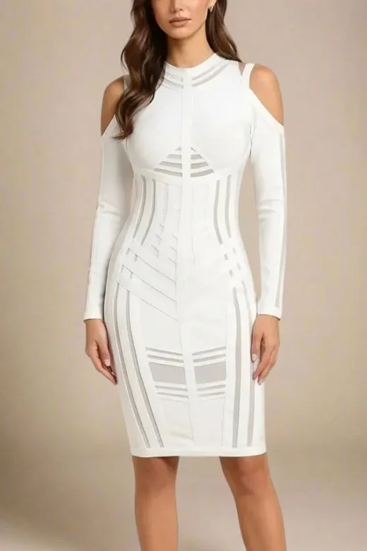 Amelia Long Sleeve Bandage Dress - White Pearl (Sale) - Image 3