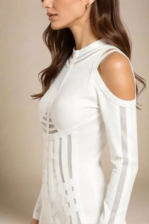 Amelia Long Sleeve Bandage Dress - White Pearl (Sale) - Image 5