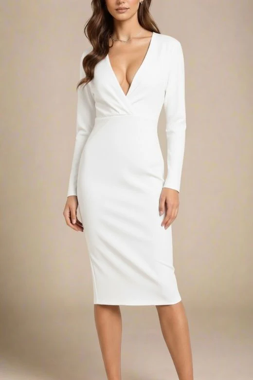 Blaire Long Sleeve Bandage Dress - White Pearl - Image 3