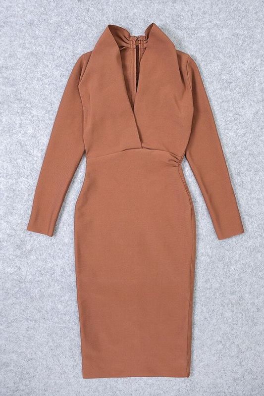 Blaire Long Sleeve Bandage Dress - Tan Brown - Image 8
