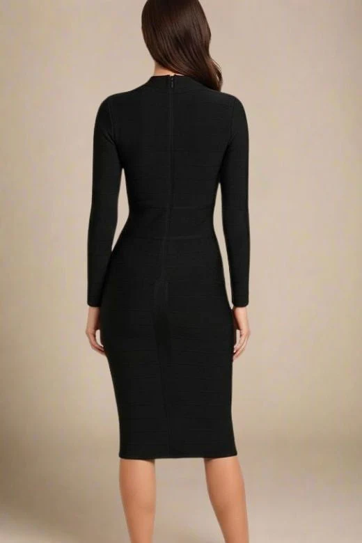 Brooke Long Sleeve Bandage Midi Dress - Classic Black - Image 3