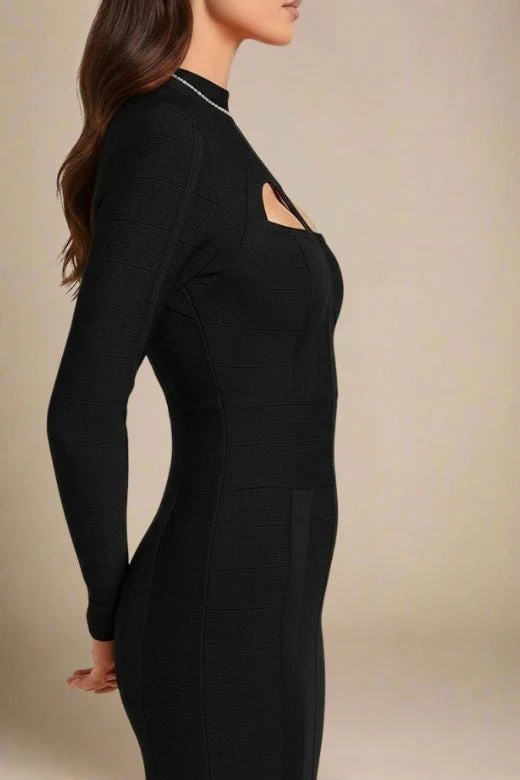 Brooke Long Sleeve Bandage Midi Dress - Classic Black - Image 4