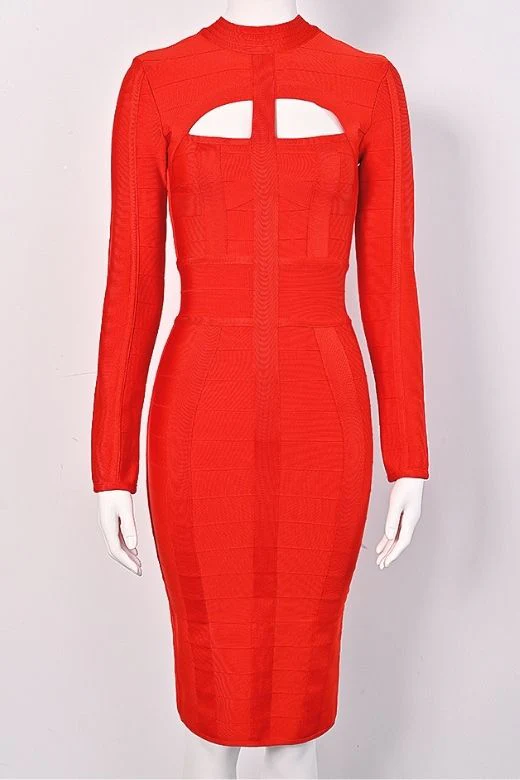 Brooke Long Sleeve Bandage Midi Dress - Lipstick Red - Image 8