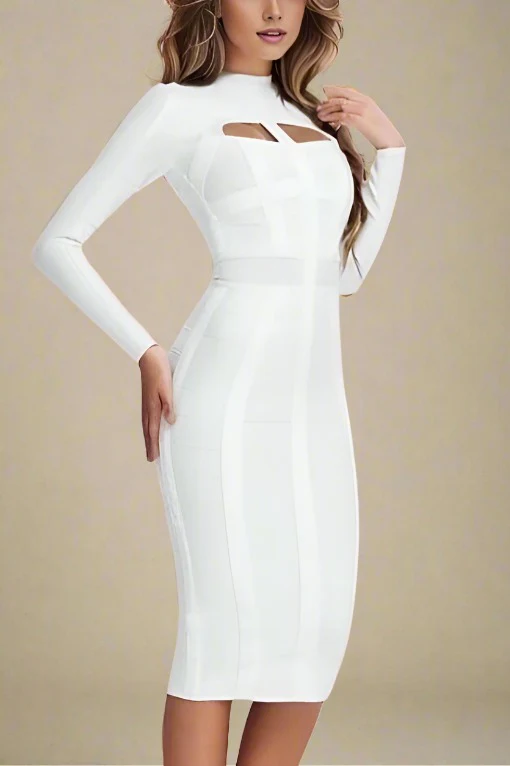 Brooke Long Sleeve Bandage Dress - White Pearl (Sale)