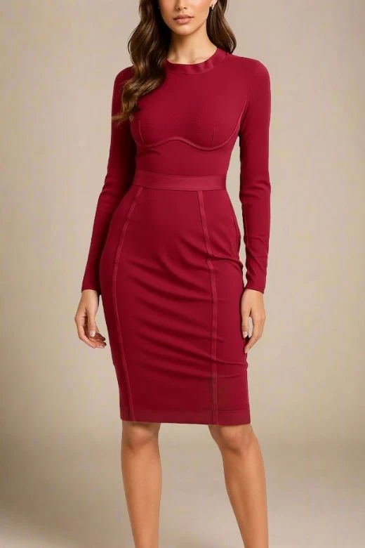 Dee Long Sleeve Bandage Dress - Red Wine - Image 4