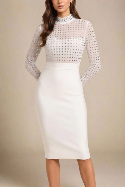 Hazel Long Sleeve Bodycon Dress - White Pearl - Image 3