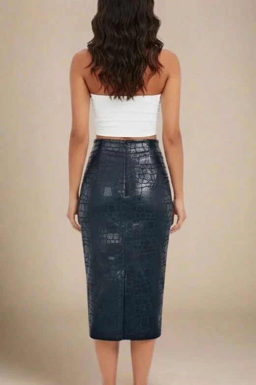 High Waist Leather Pencil Skirt Midi Length - Crocodile Black - Image 2