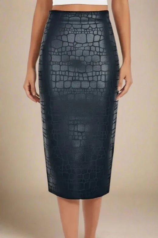 High Waist Leather Pencil Skirt Midi Length - Crocodile Black - Image 3