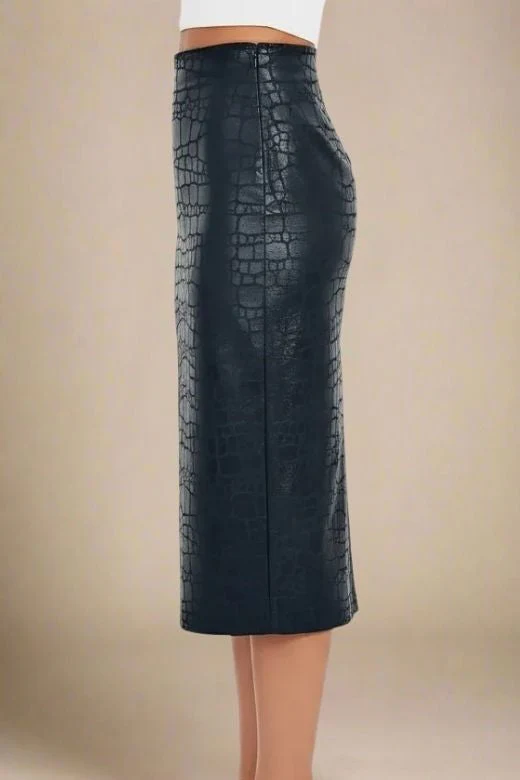 High Waist Leather Pencil Skirt Midi Length - Crocodile Black - Image 4