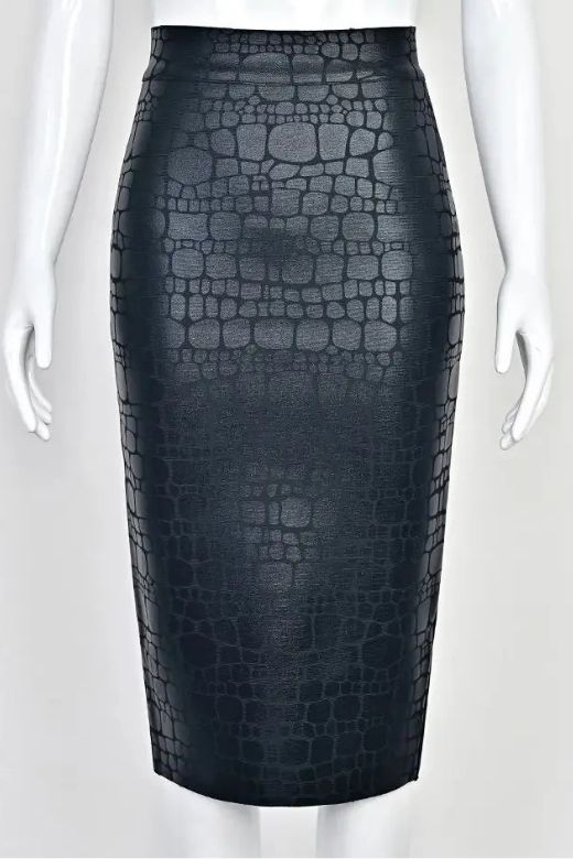 High Waist Leather Pencil Skirt Midi Length - Crocodile Black - Image 6