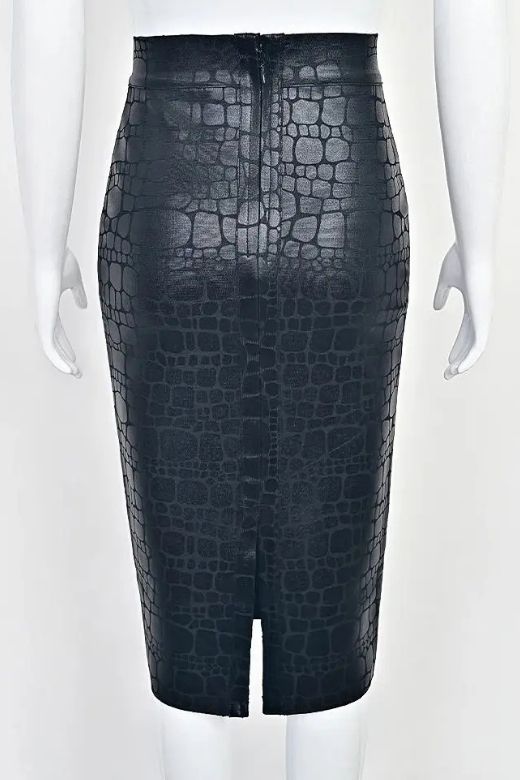 High Waist Leather Pencil Skirt Midi Length - Crocodile Black - Image 7