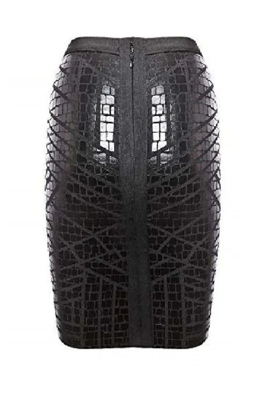 High Waist Leather Pencil Skirt Mini Length - Crocodile Black - Image 3