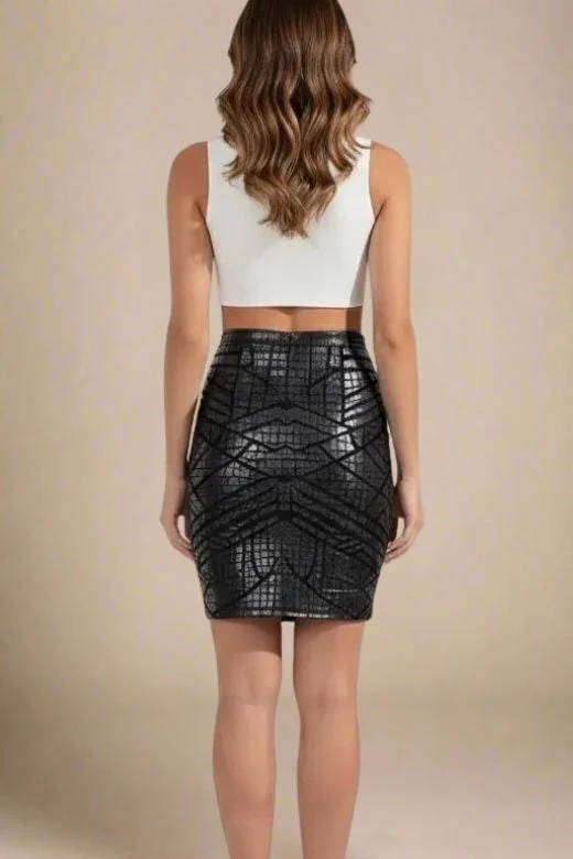 High Waist Leather Pencil Skirt Mini Length - Crocodile Black - Image 6