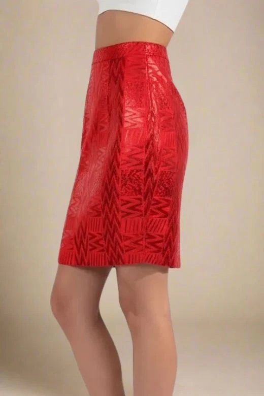 High Waist Metallic Leather Mini Skirt - Lipstick Red - Image 3