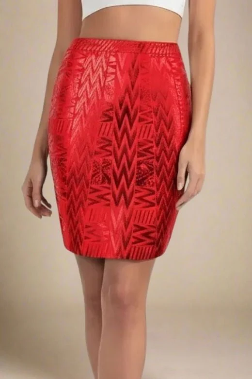 High Waist Metallic Leather Mini Skirt - Lipstick Red - Image 5