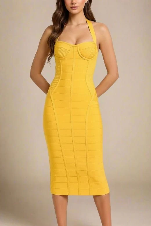 Isabella Bandage Midi Dress - Mustard Yellow - Image 3