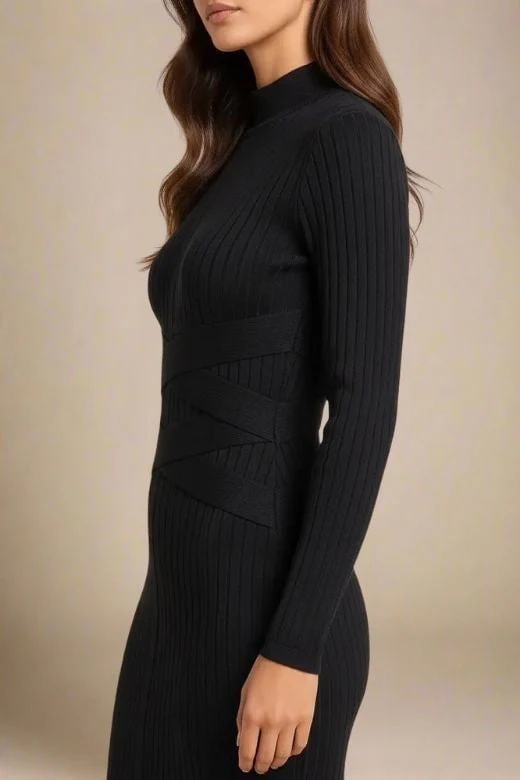Jane Long Sleeve Bodycon Midi Dress - Classic Black - Image 3