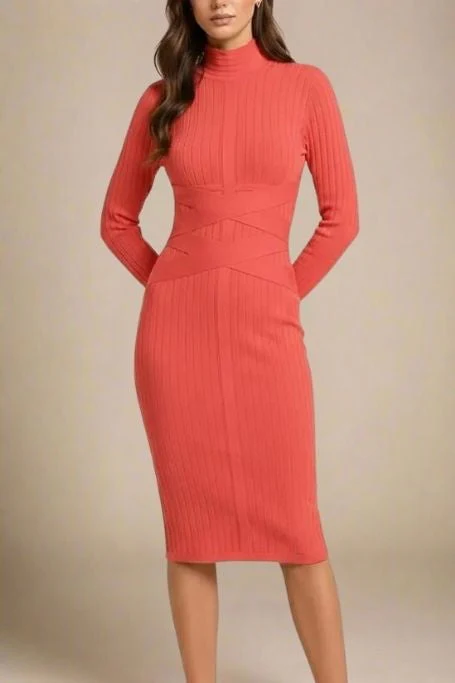 Jane Long Sleeve Bodycon Midi Dress - Lipstick Red - Image 6