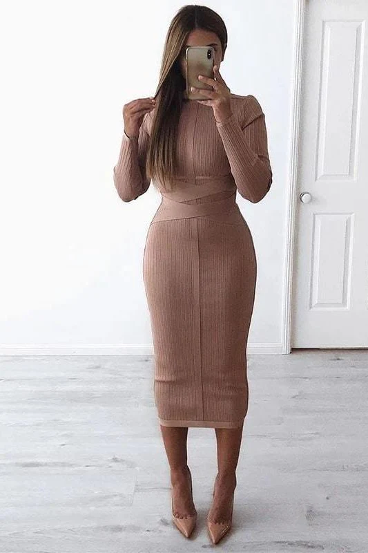 Jane Long Sleeve Bodycon Midi Dress - Nude - Image 6