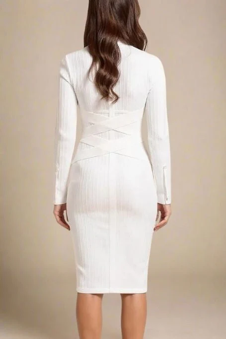 Jane Long Sleeve Bodycon Midi Dress - White Pearl - Image 3