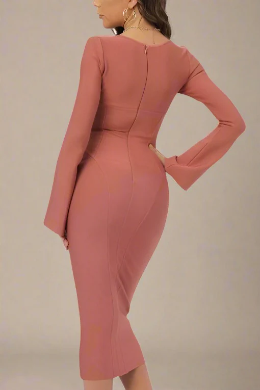 Jules Long Sleeve Midi Bandage Dress - Watermelon Pink - Image 2