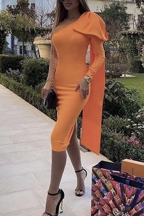 Lela Long Sleeve Bandage Midi Dress - Apricot Orange (Sale) - Image 6