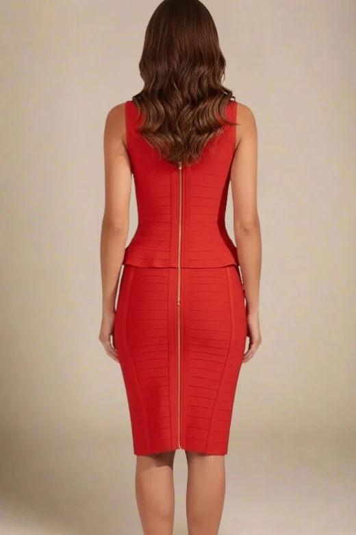 Leni Bandage Top and Knee Length Skirt Set - Lipstick Red - Image 3