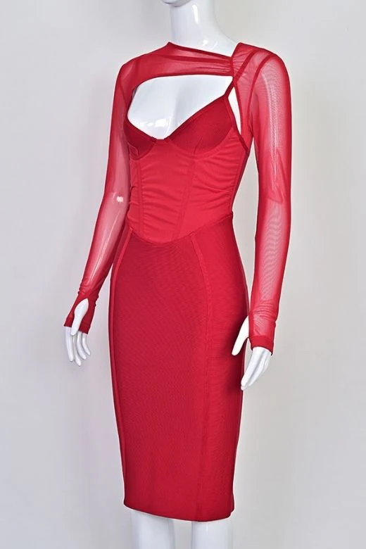 Lexi Long Sleeve Bodycon Midi Dress - Lipstick Red - Image 9