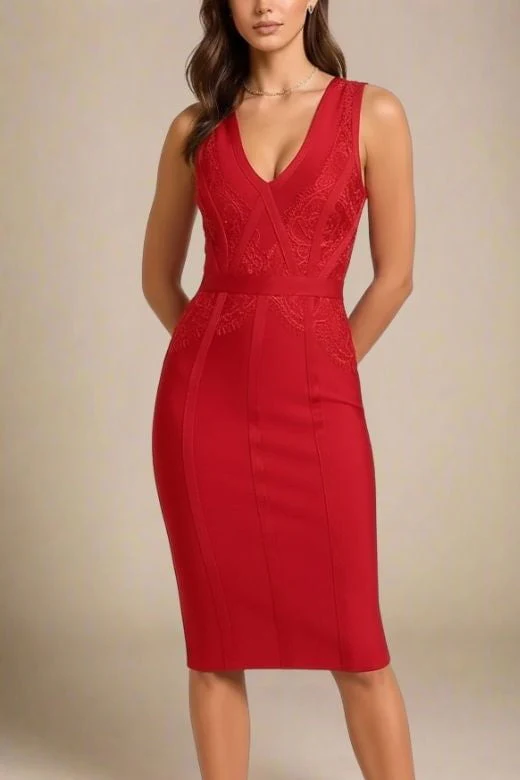 Noa V Neck Bodycon Dress - Red Wine - Image 4