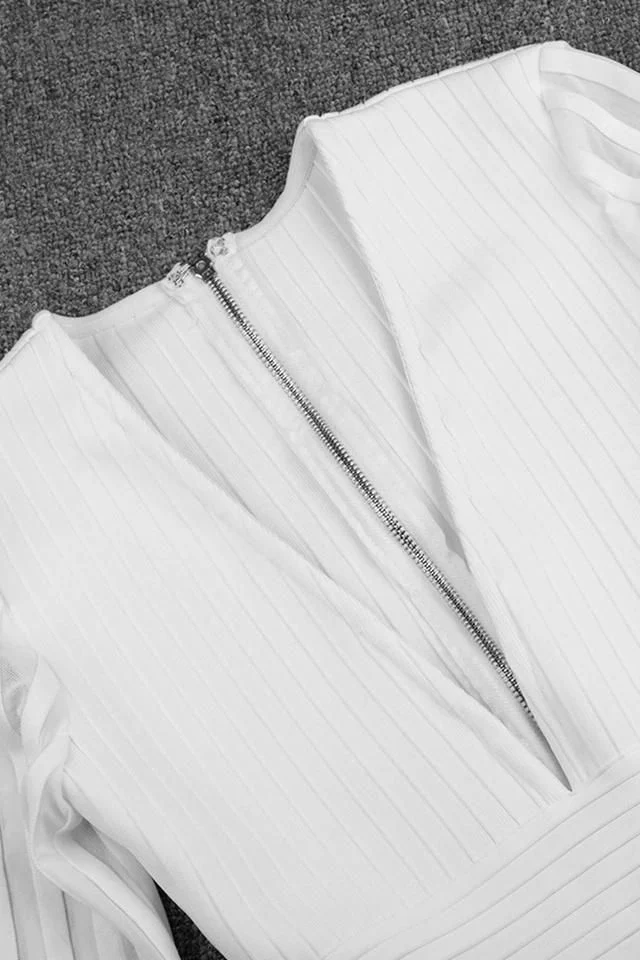 Olivia Long Sleeve Bandage Dress - White Pearl - Image 9