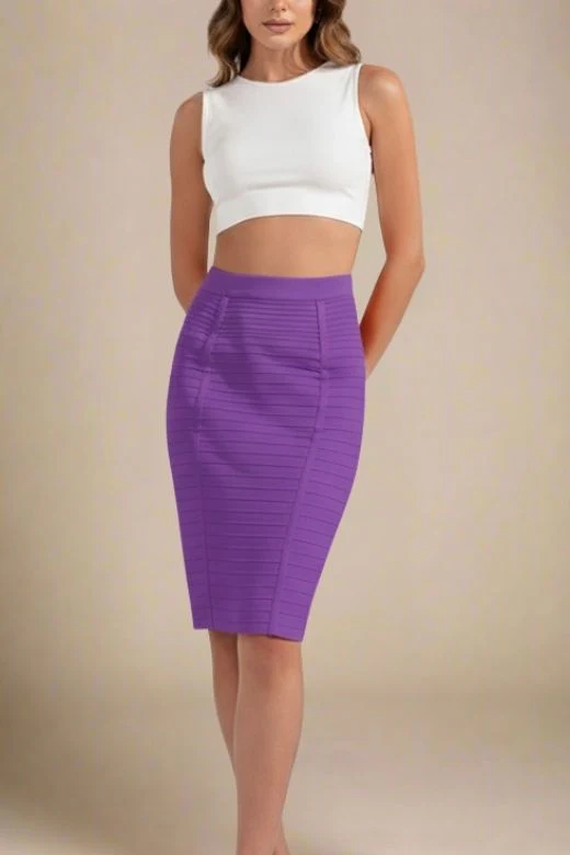 Pencil Bandage Knitted Knee Length Skirt - Plum Purple - Image 3