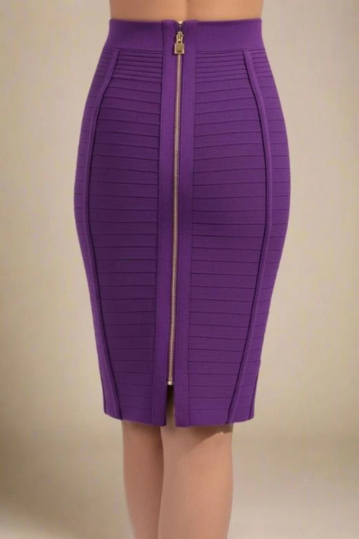 Pencil Bandage Knitted Knee Length Skirt - Plum Purple - Image 5