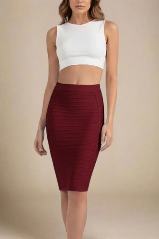 Pencil Bandage Knitted Knee Length Skirt - Red Wine