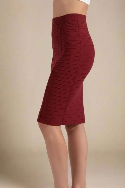 Pencil Bandage Knitted Knee Length Skirt - Red Wine - Image 2