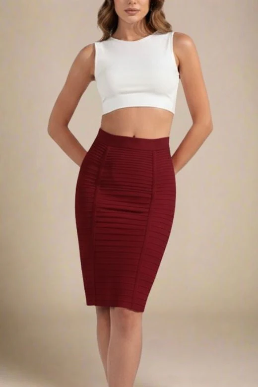 Pencil Bandage Knitted Knee Length Skirt - Red Wine - Image 3