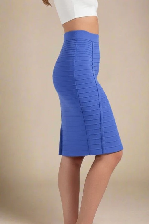 Pencil Bandage Knitted Knee Length Skirt - Navy Blue - Image 2