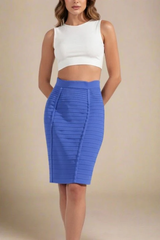 Pencil Bandage Knitted Knee Length Skirt - Navy Blue - Image 3