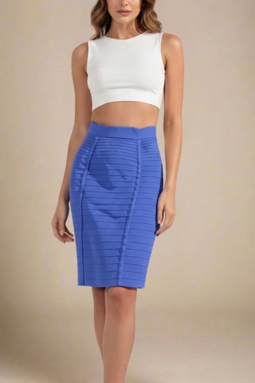 Pencil Bandage Knitted Knee Length Skirt - Navy Blue - Image 4