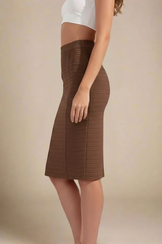 Pencil Bandage Knitted Knee Length Skirt - Tan Brown - Image 2