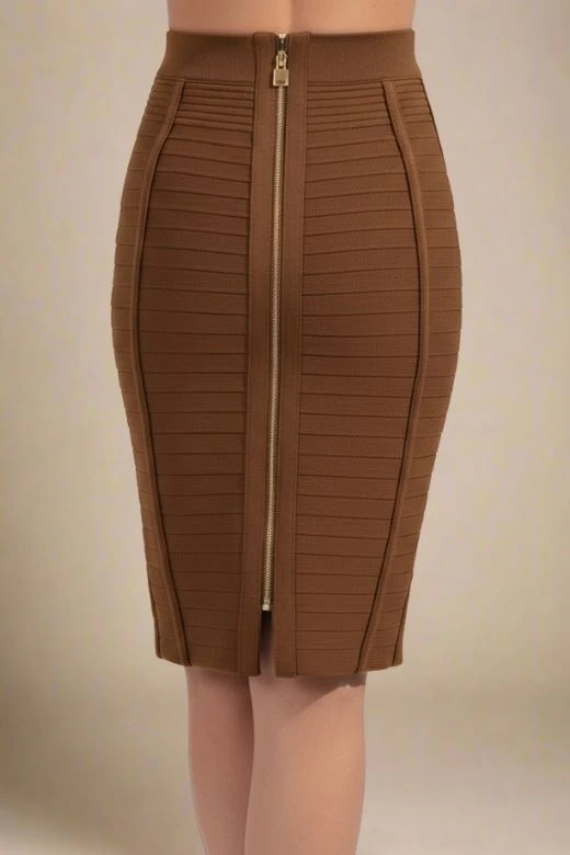 Pencil Bandage Knitted Knee Length Skirt - Tan Brown - Image 5