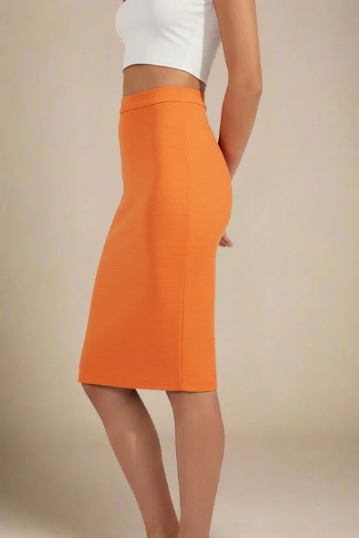 Pencil High Waist Bandage Knee Length Skirt - Apricot Orange - Image 2