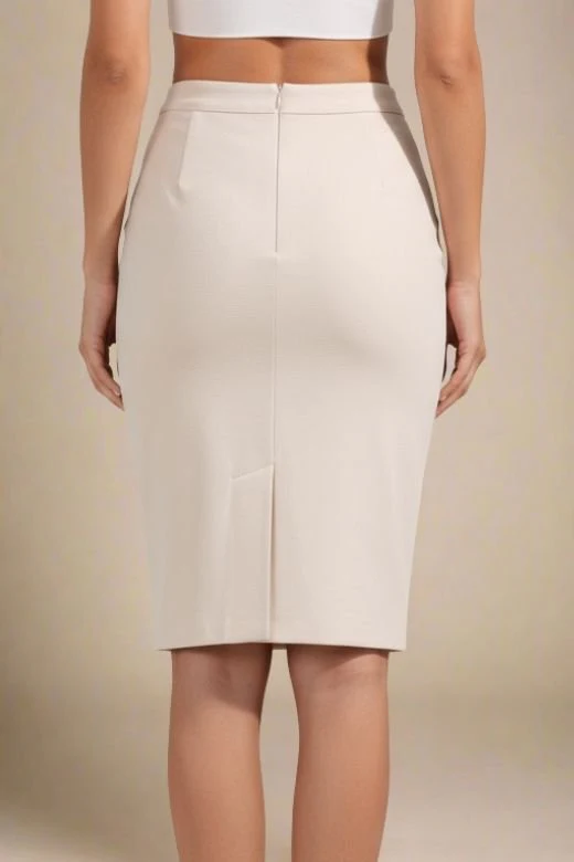 Pencil High Waist Bandage Knee Length Skirt - Cream - Image 4