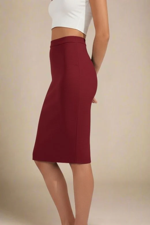Pencil High Waist Bandage Knee Length Skirt - Red Wine - Image 2