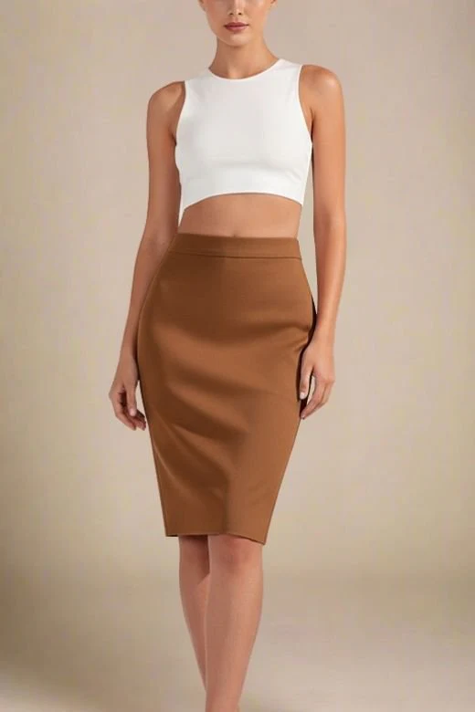 Pencil High Waist Bandage Knee Length Skirt - Tan Brown