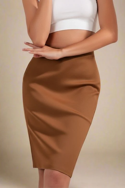 Pencil High Waist Bandage Knee Length Skirt - Tan Brown - Image 2