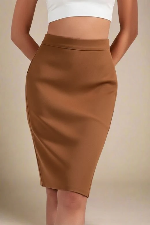 Pencil High Waist Bandage Knee Length Skirt - Tan Brown - Image 4