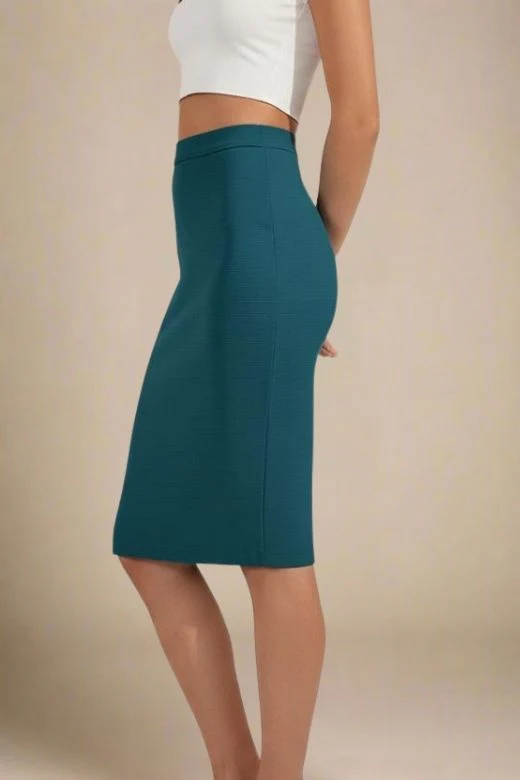 Pencil High Waist Bandage Knee Length Skirt - Teal Blue - Image 2