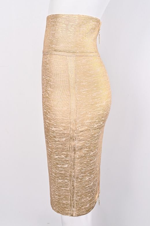 High Waist Leather Pencil Skirt Midi Length - Gold - Image 10